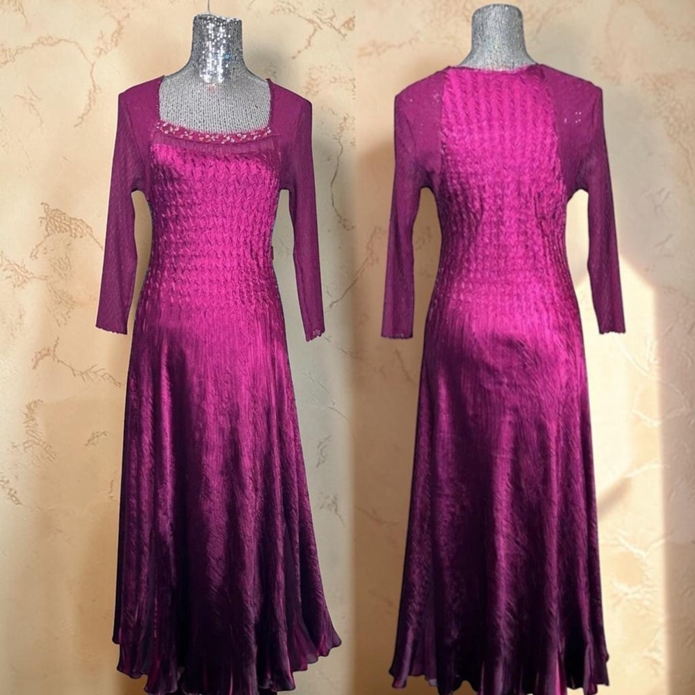 Vintage Y2K Crinkle Satin Maxi Dress Beaded Square Neck Fairy Evening Large